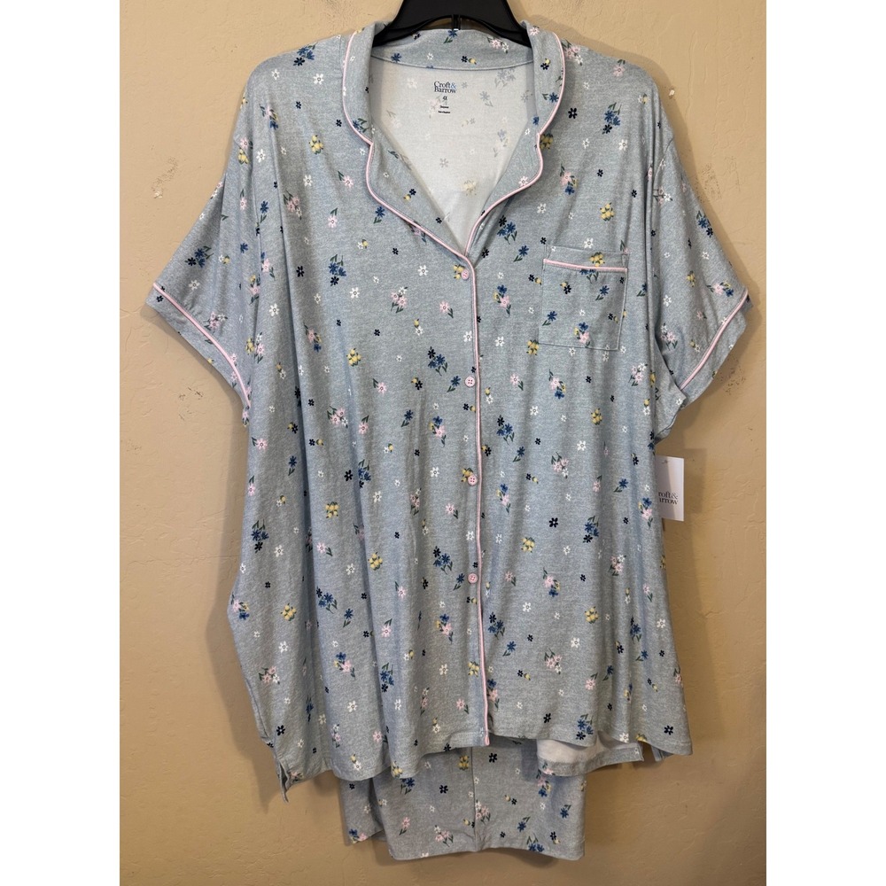 Croft & Barrow Pajama Set Women 4X Blue Floral Button Down Top Capri NEW